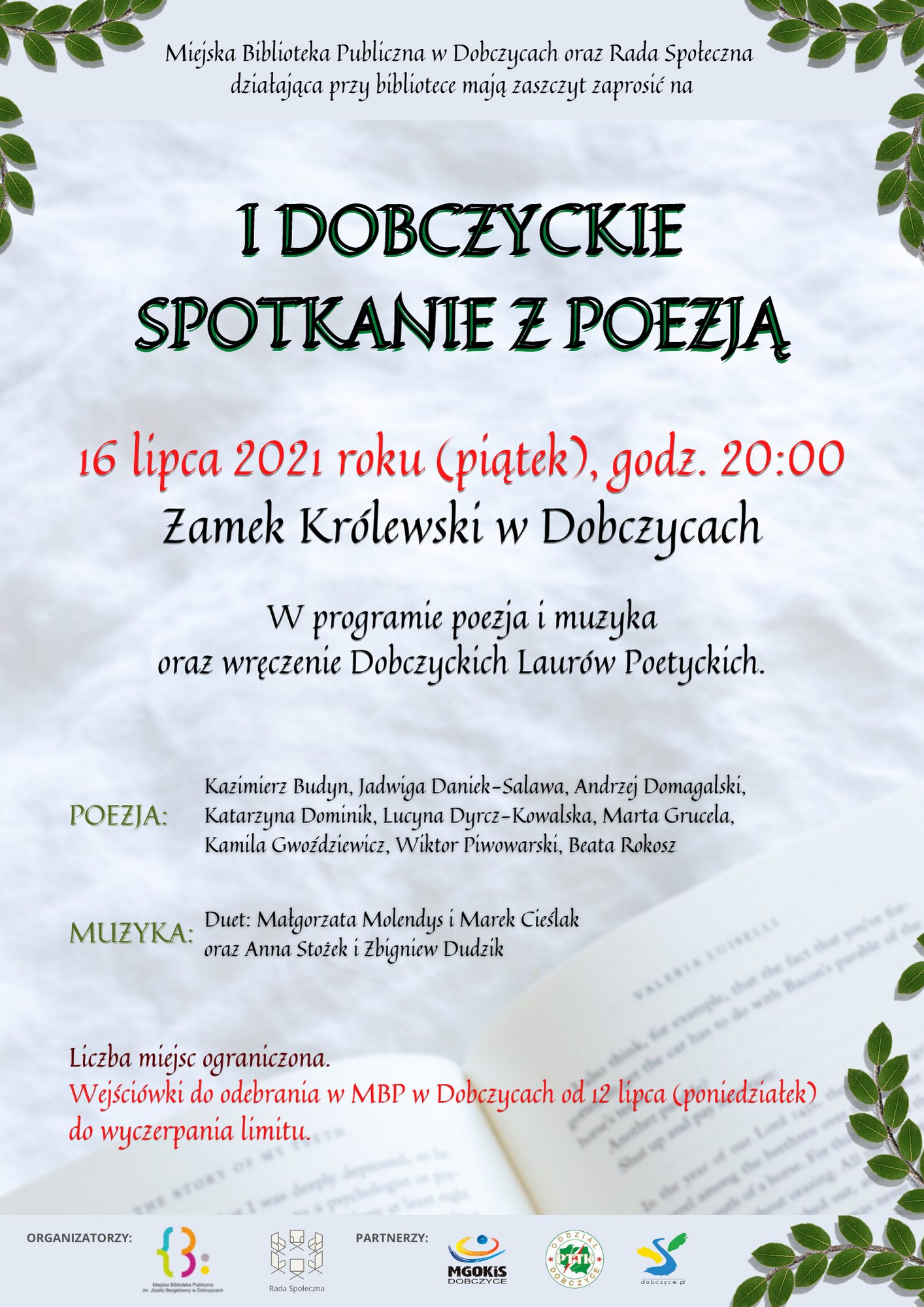 Plakat zapraszający na I Dobczyckie spotkanie z poezją.