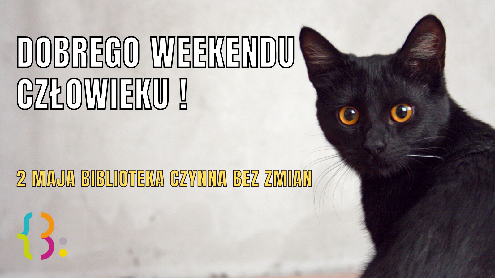 Zdjęcie czarnego kota, napis: dobrego weekendu człowieku! 2 maja biblioteka czynna bez zmian.