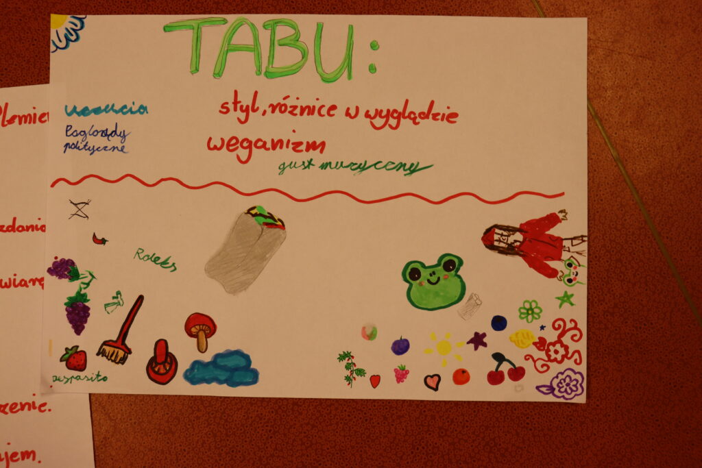 Kartka z pracą klubowiczek: plakat wykonany kolorowymi pisakami odnośnie znaczenia "tabu".